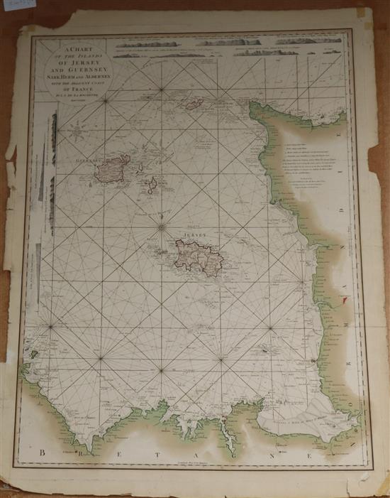 L.S. de La Rochette, coloured engraving, A Chart of the Islands of Jersey and Guernsey ... 1781, 70 x 50cm, unframed